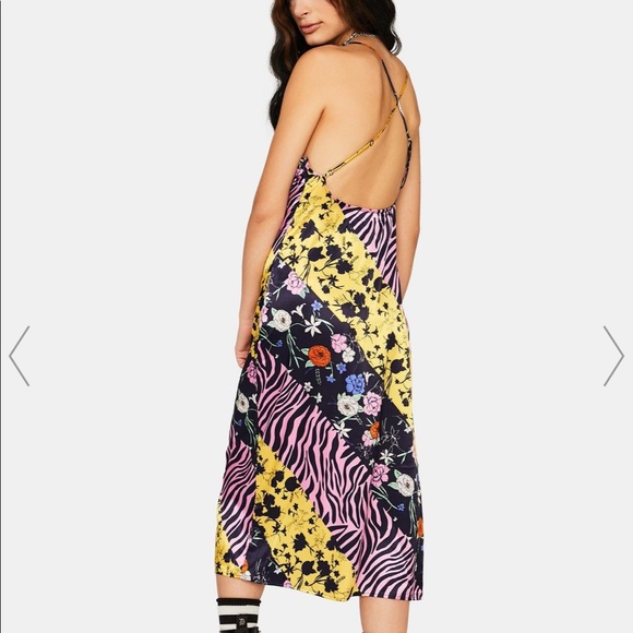 OPEN BACK Multipattern purple & yellow silk dress - Picture 3 of 4